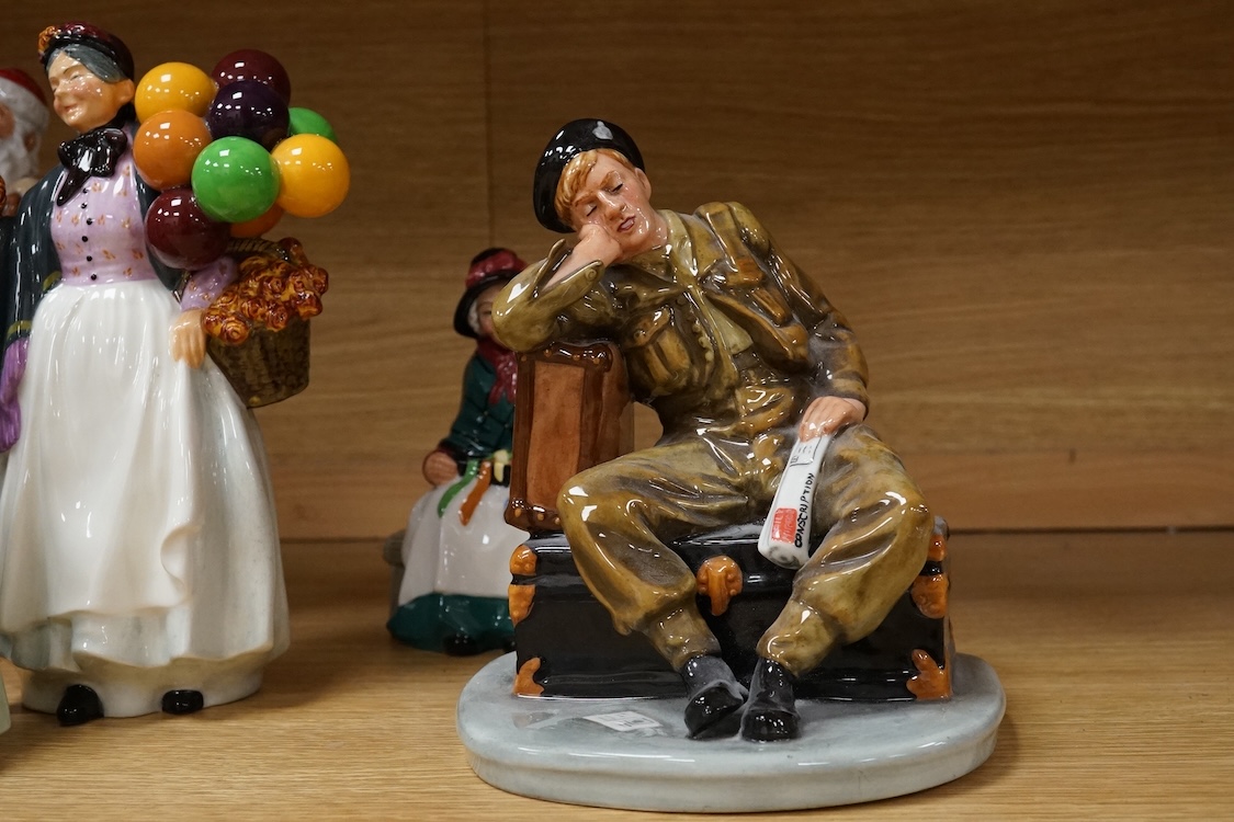 A collection of Royal Doulton figures to include The Railway Sleeper, Blacksmith, Biddy Pennyfarthing, Nurse, French Peasant, etc, largest 24cm high